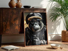 Framed picture of a monkey wearing sunglasses and a leather jacket on a wooden cabinet.