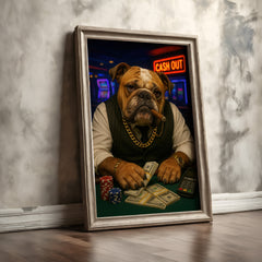 Framed picture of a bulldog with a vest and gold chain on a table with money and cards, with a neon 'Cash Out' sign in the background.
