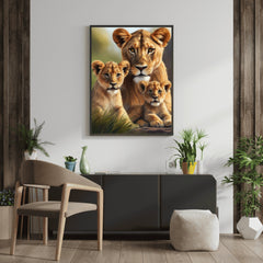 Framed artwork of a lioness and her cubs on a wall in a modern living room.