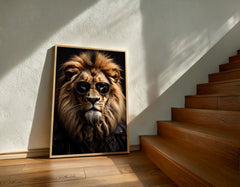 Framed picture of a lion wearing sunglasses on a wall next to wooden stairs.