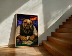 Framed artwork of a bulldog playing cards on a wall next to wooden stairs.