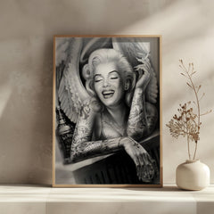 Framed artwork of a stylized portrait with tattoos and a bottle on a shelf.