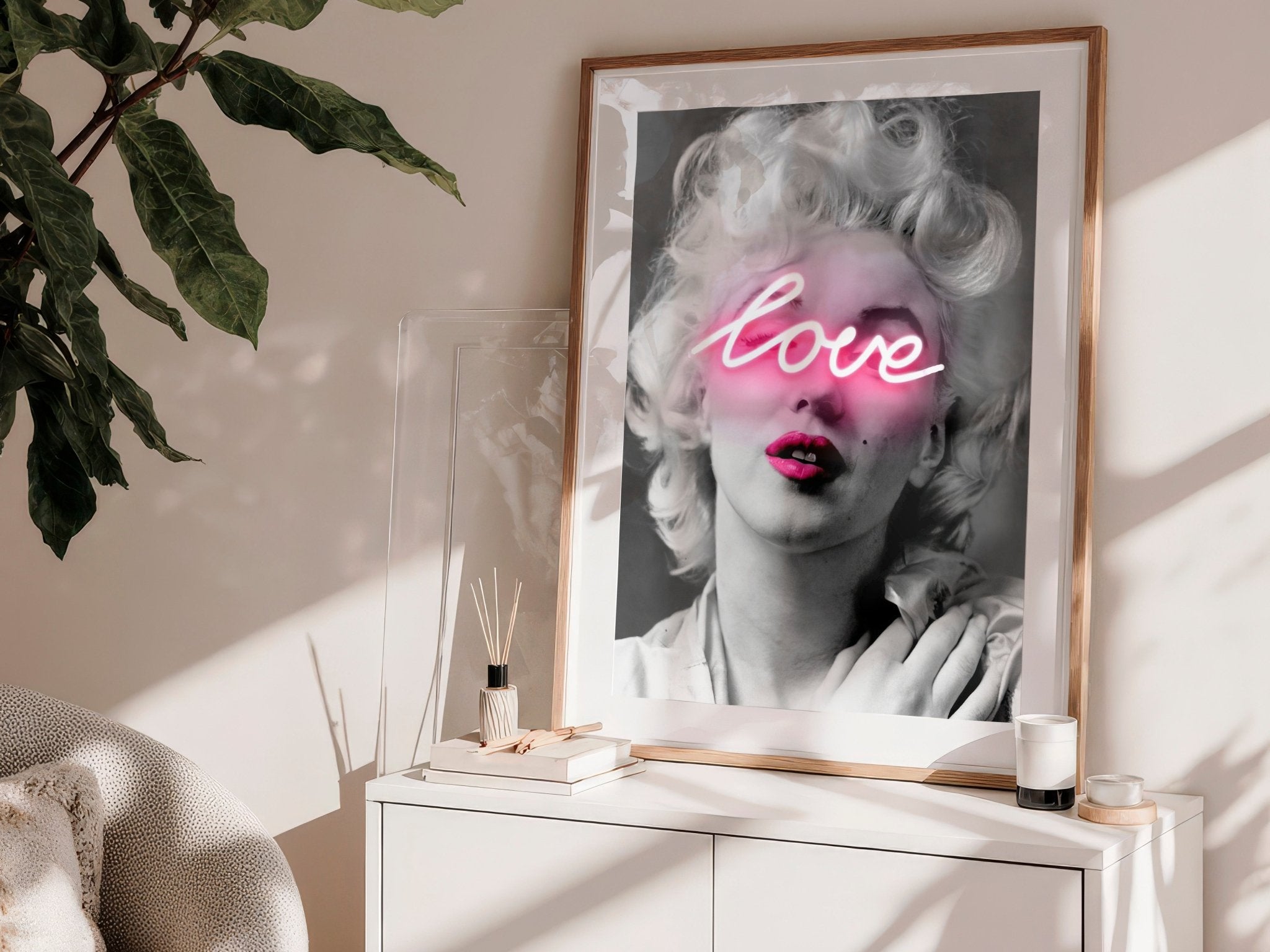 Marilyn Monroe Neon Love | Black and White Fashion Icon Print - Print