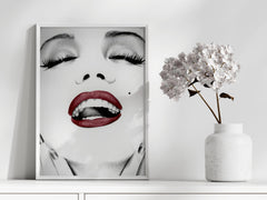 Marilyn Monroe Red Lips Wall Art | Glamorous Black and White Portrait Print - Print