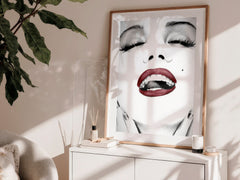 Marilyn Monroe Red Lips Wall Art | Glamorous Black and White Portrait Print - Print