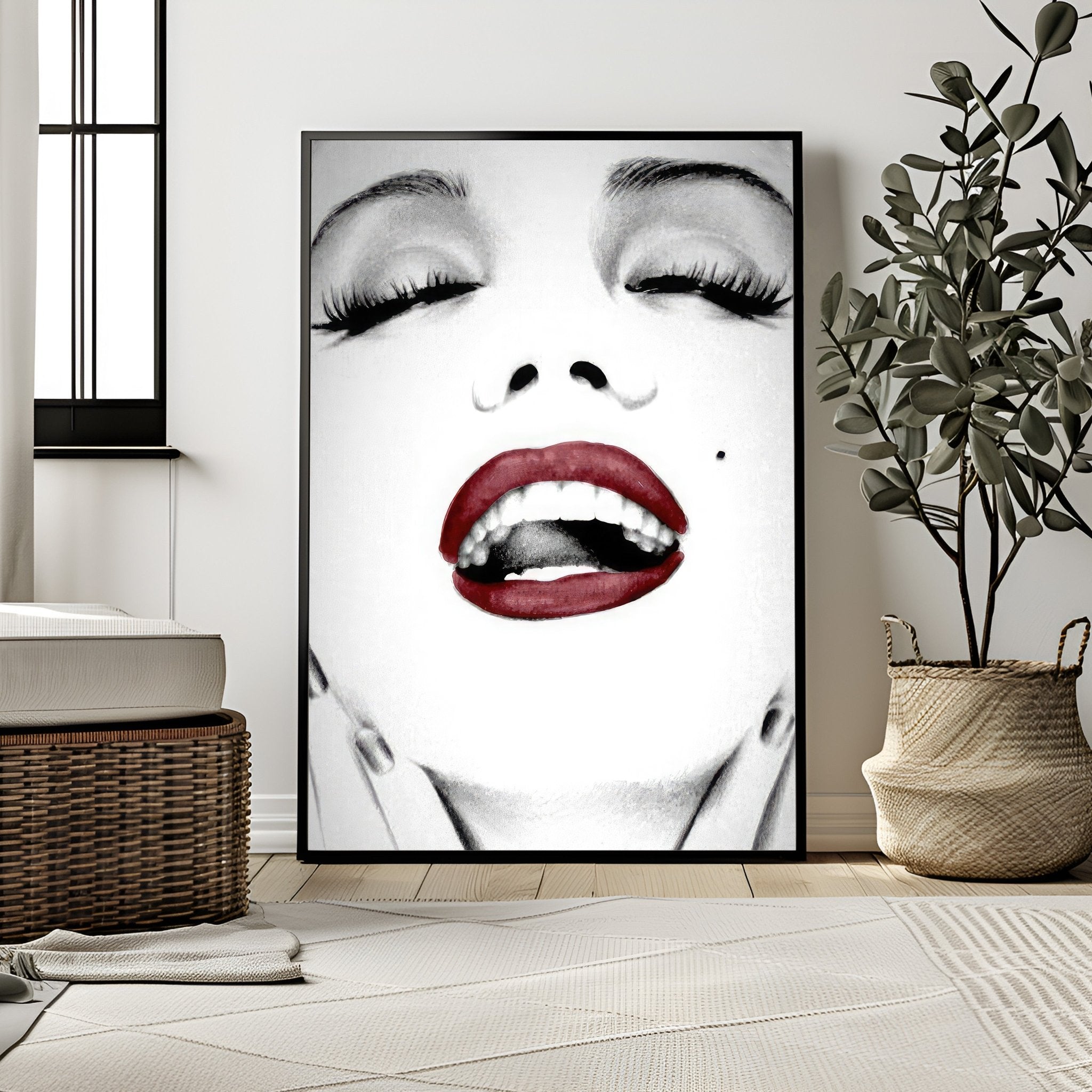 Marilyn Monroe Red Lips Wall Art | Glamorous Black and White Portrait Print - Print