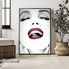 Marilyn Monroe Red Lips Wall Art | Glamorous Black and White Portrait Print - Print