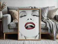 Marilyn Monroe Red Lips Wall Art | Glamorous Black and White Portrait Print - Print