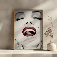 Marilyn Monroe Red Lips Wall Art | Glamorous Black and White Portrait Print - Print