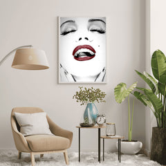 Marilyn Monroe Red Lips Wall Art | Glamorous Black and White Portrait Print - Print