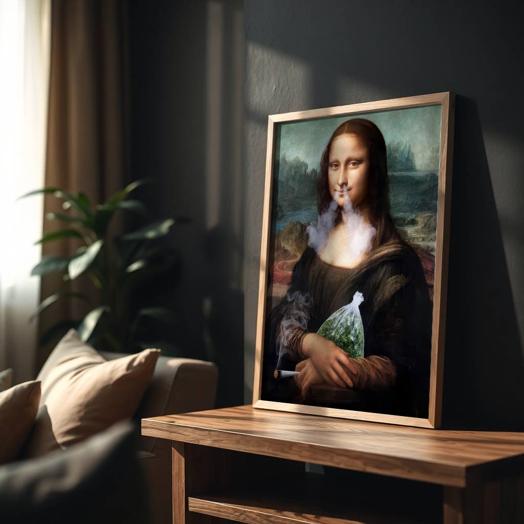 Framed artwork of a modified Mona Lisa holding a bag of weed on a wooden table.