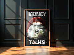 Money Talks pop art wall print featuring bold red lips holding a dollar bill with white typography.