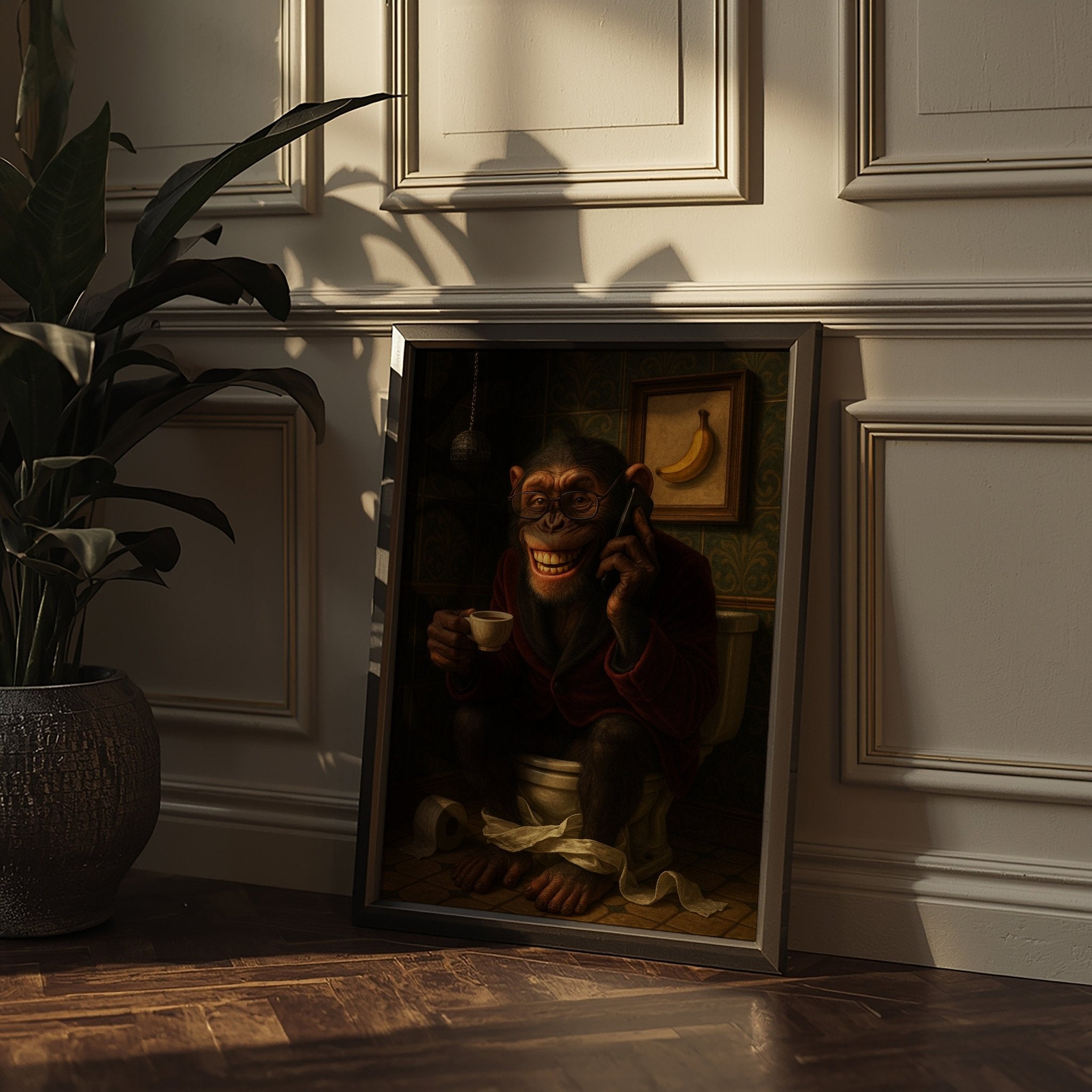 Framed picture of a monkey on a phone in a room with a plant and framed pictures on the wall.