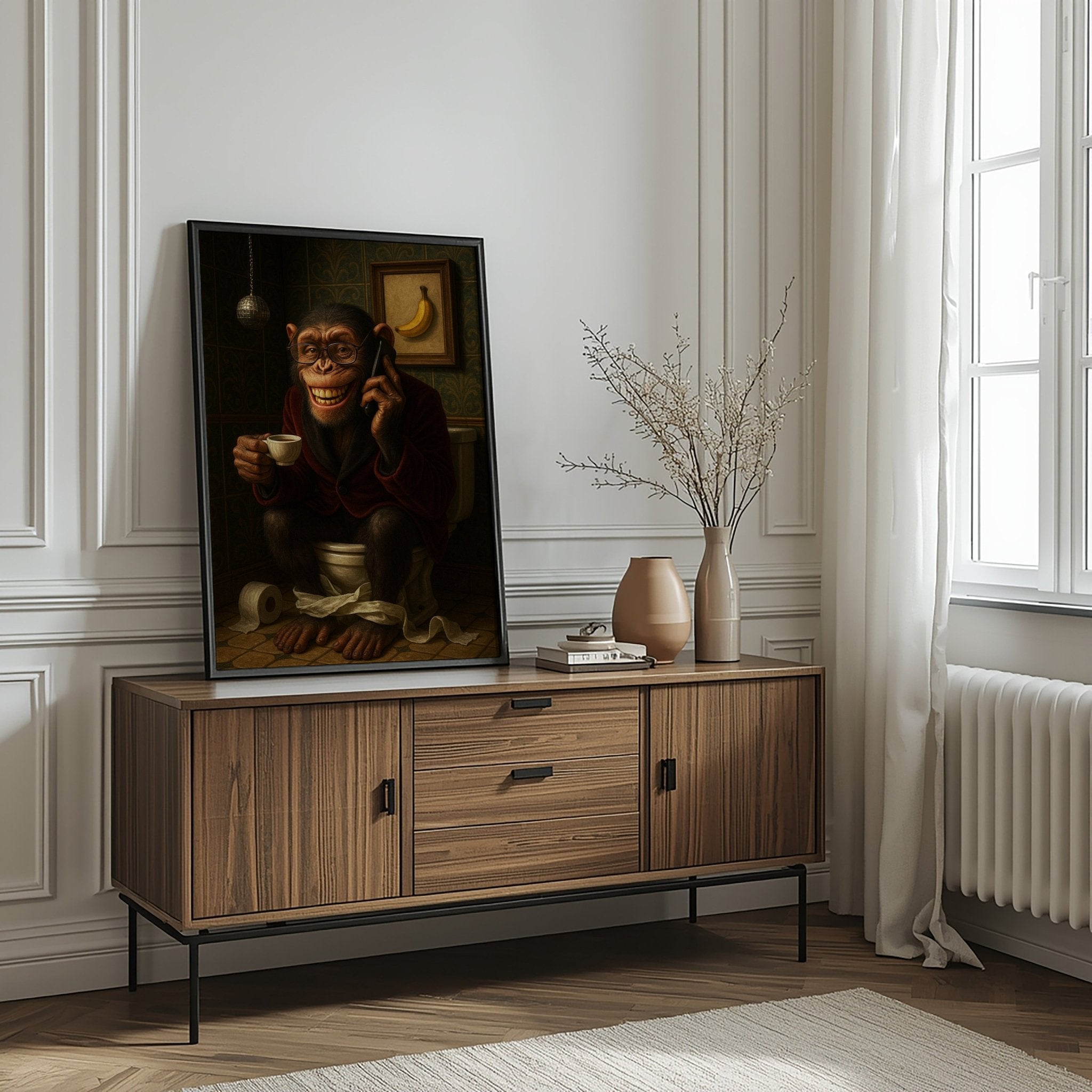 Wooden sideboard in a room with a painting of a monkey on a phone and a vase.