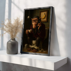 Framed artwork of a monkey on a phone with a vase and decor items on a shelf.