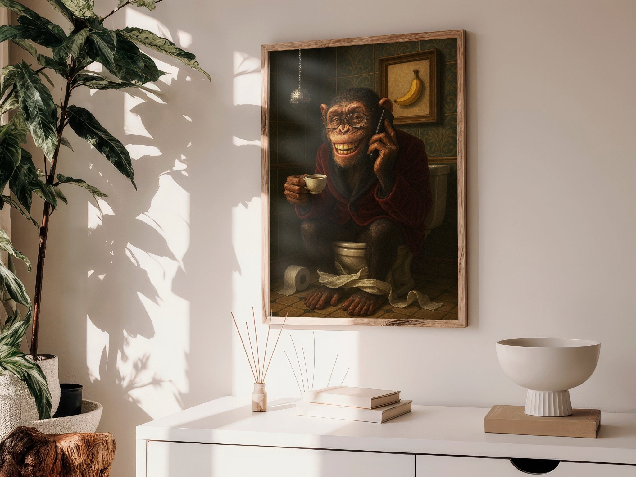 Framed artwork of a monkey on a phone in a home setting with decor items.