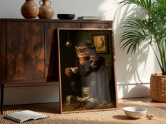 Framed artwork of a monkey holding a cup in a room with a wooden cabinet and plants.