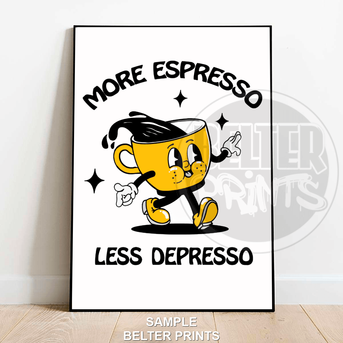 More Espresso Less Depresso | Retro Coffee Cup Wall Art Print - A4 – 21x29cm (8x12’’) - Print