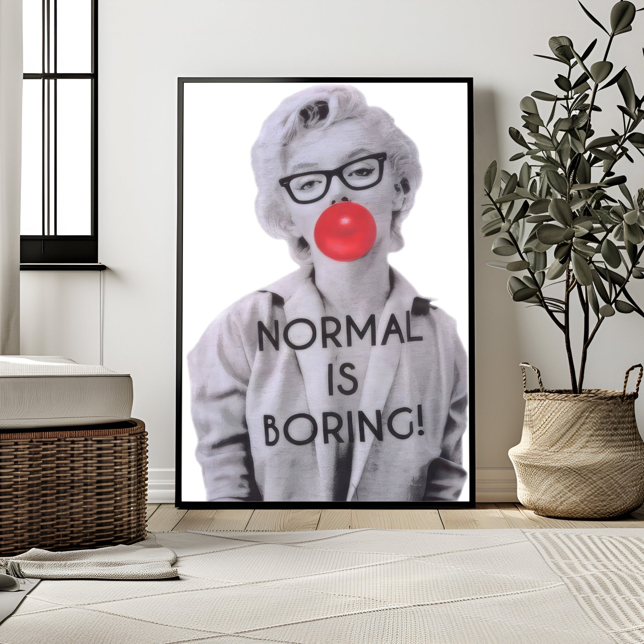 Normal Is Boring Wall Art Print | Marilyn Monroe with Bubble Gum & Bold Text - Print