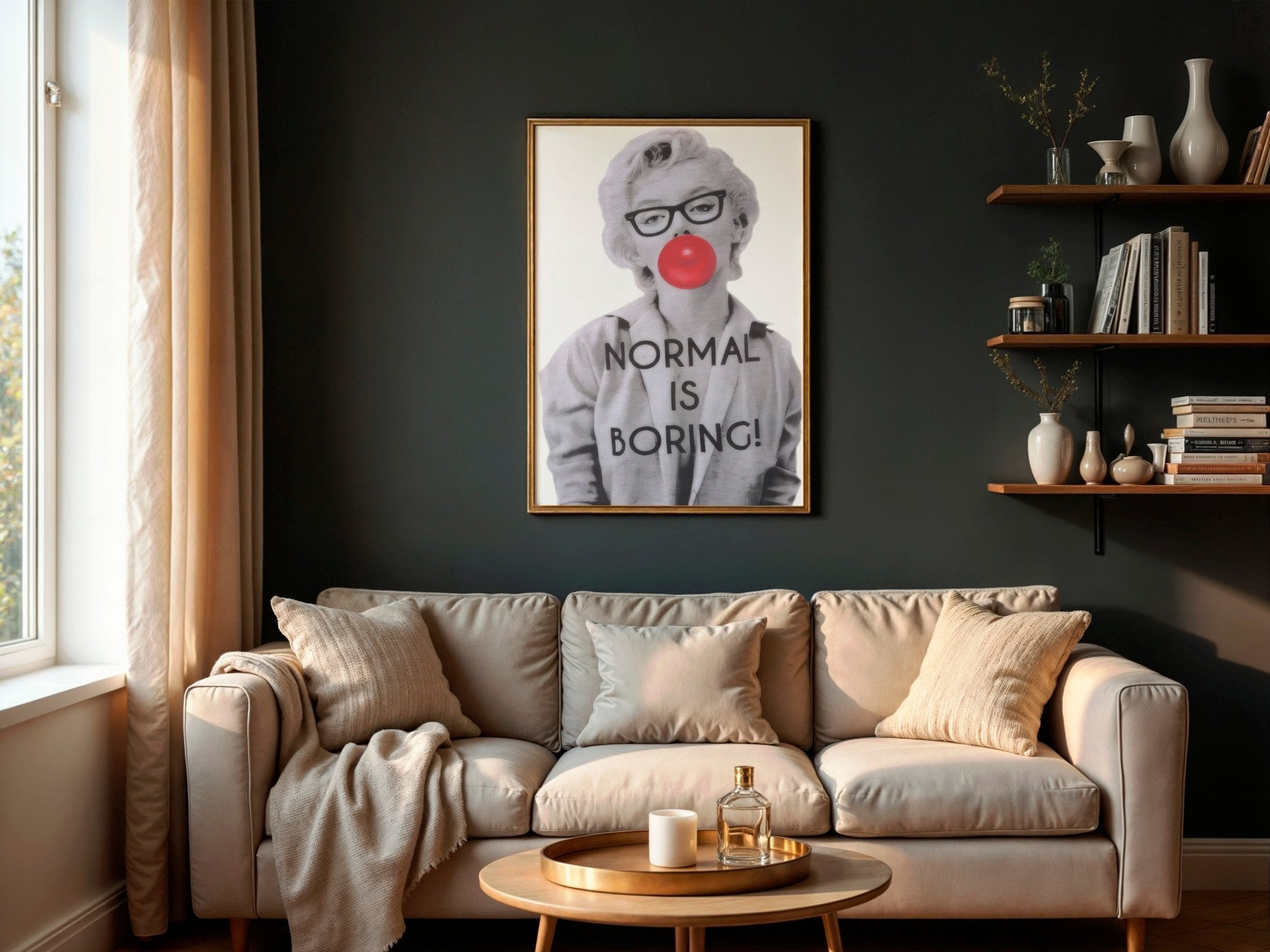 Normal Is Boring Wall Art Print | Marilyn Monroe with Bubble Gum & Bold Text - Print