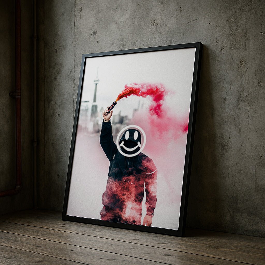 Framed artwork of a person holding a red smoke flare with a smiley face design, leaning against a textured wall.