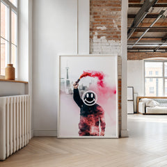 Framed artwork of a person holding a smoke bomb with a smiley face in a modern room.