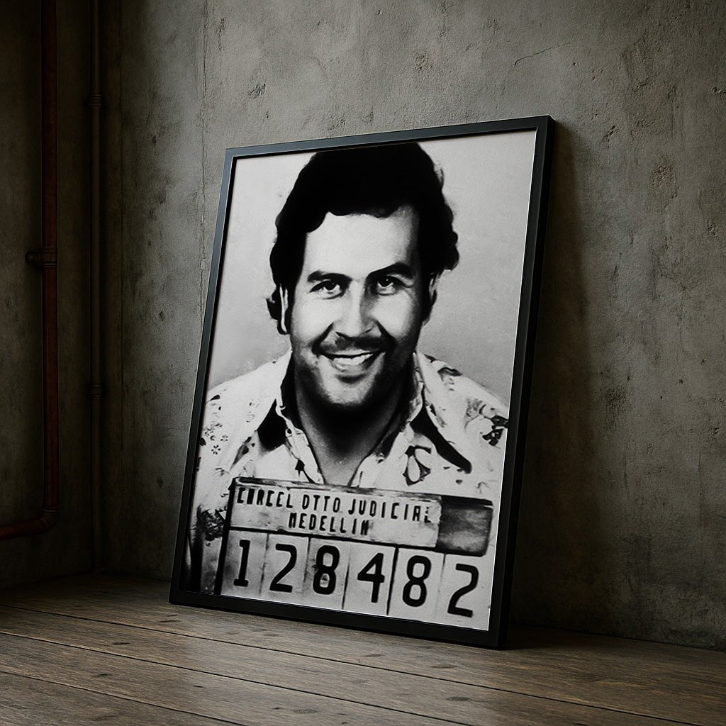 Framed black and white mugshot of a man on a textured wall.