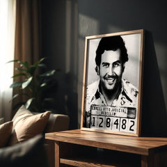 Framed black and white portrait of a man on a wooden table in a room with a couch and plant.