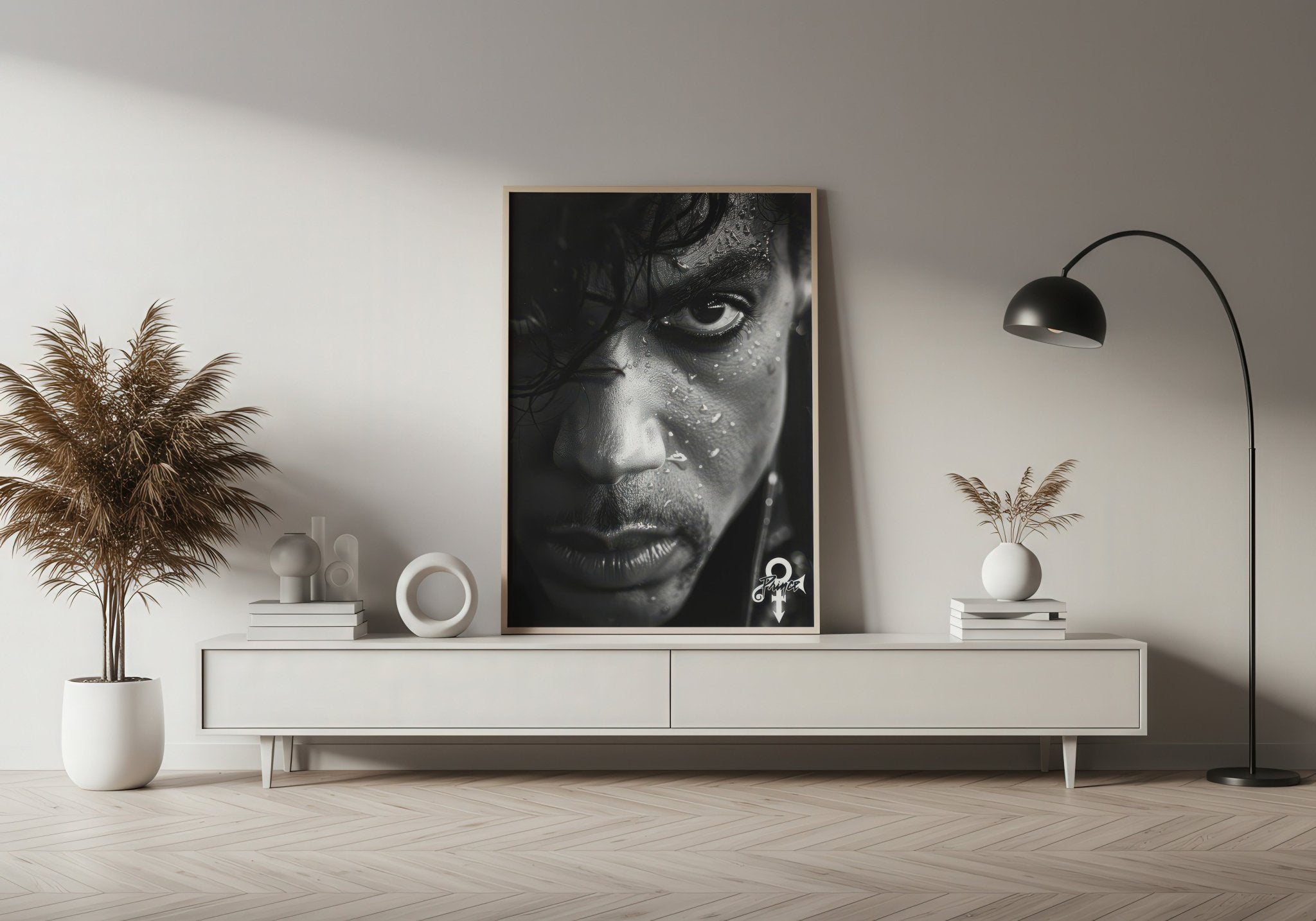 Modern living room with a framed portrait above a white console table.