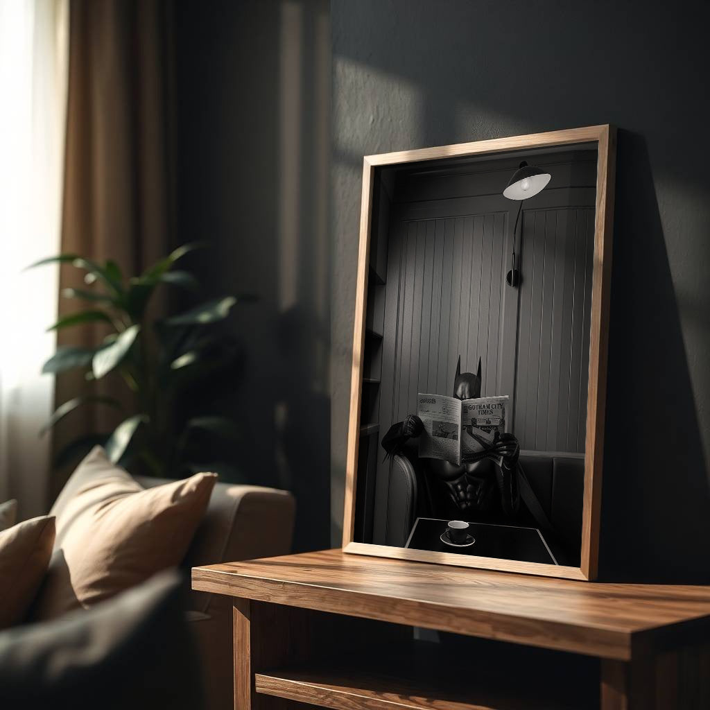 Framed mirror on a wooden table with a dark wall and plant in the background