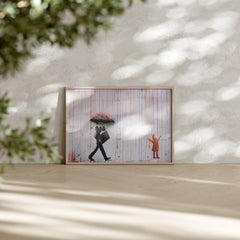 Urban street art print featuring Banksy-style businessman and umbrella