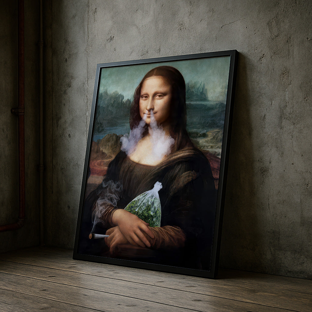 Framed artwork of a modified 'Mona Lisa' smoking a cigarette with a bag of drugs.