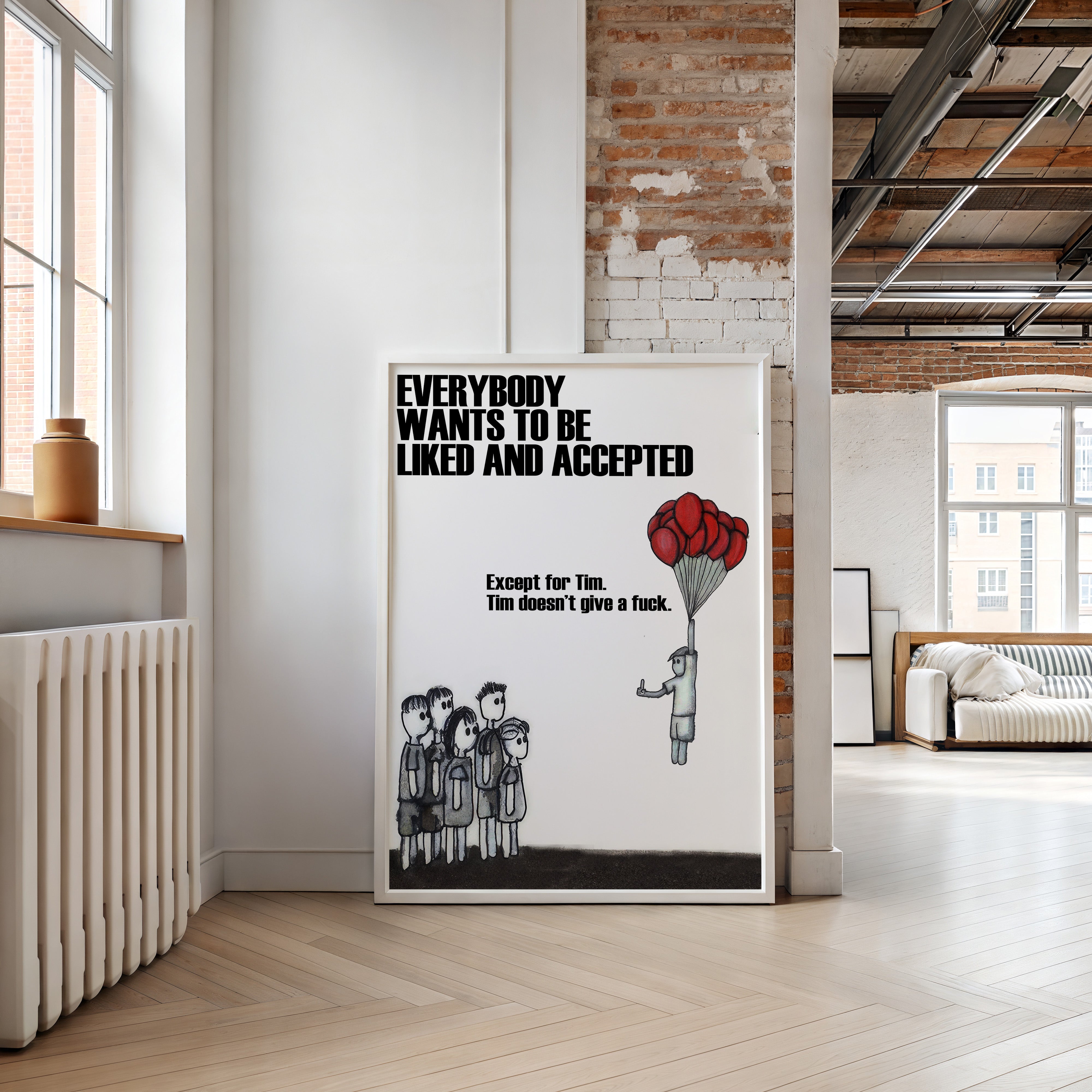 Poster with a black and white illustration and text in a modern room with brick walls and large windows.