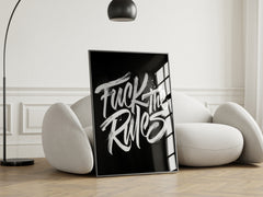 Framed artwork with text in a modern living room setting