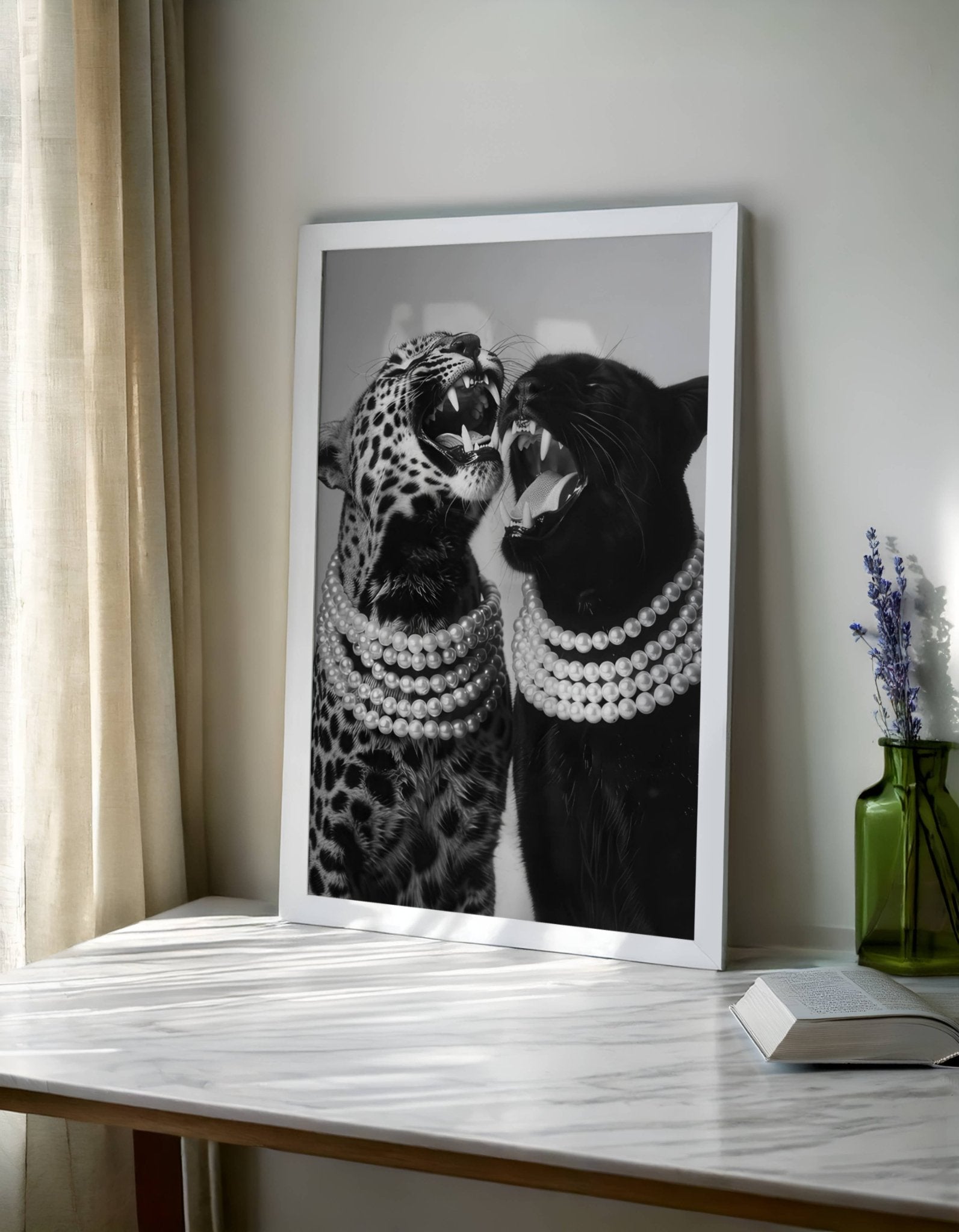 Elegant monochrome animal artwork styled for bedroom wall decor.