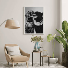 Luxury animal art print featuring a cheetah and panther in bold monochrome style.