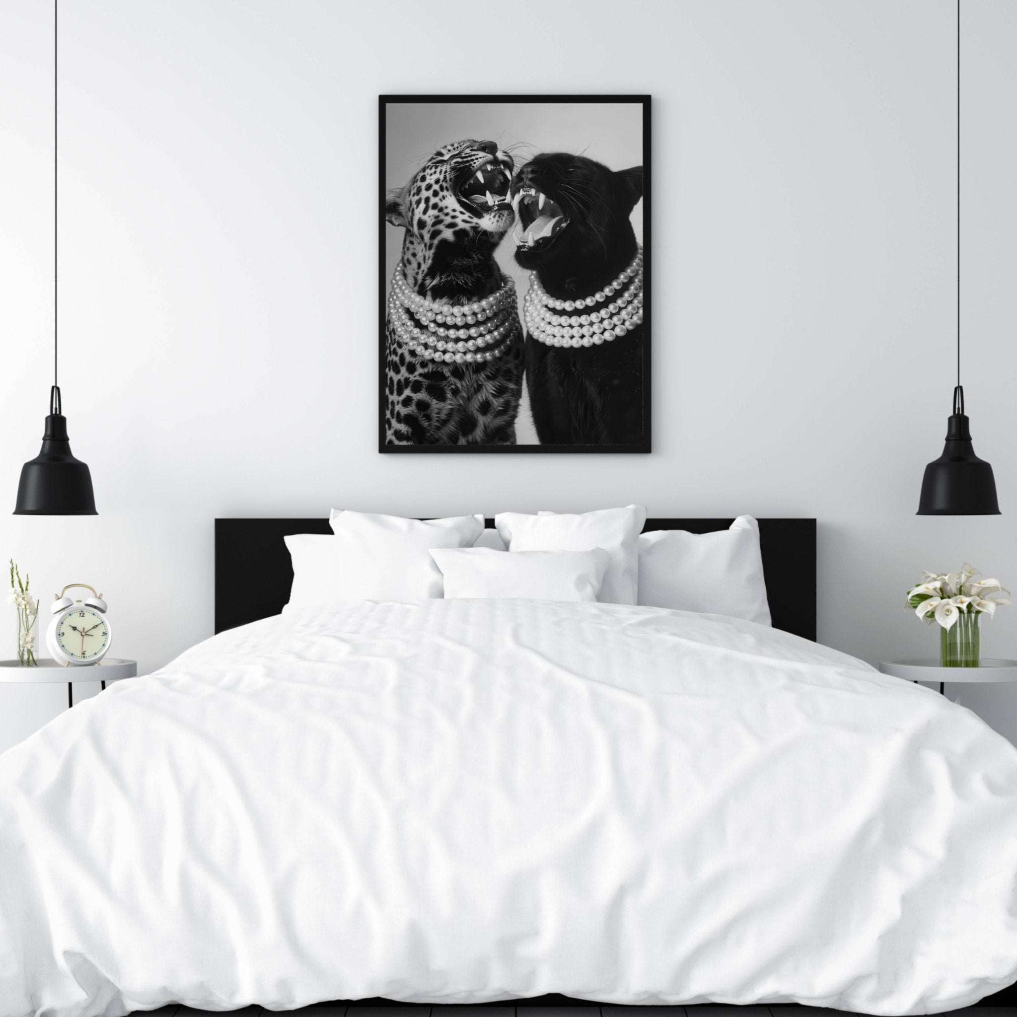 Contemporary black and white animal art print for bedroom.