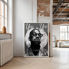 Framed poster of a person with 'Ye Ye' text in a modern room.