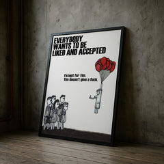 Framed poster with a humorous illustration and text on a concrete wall.
