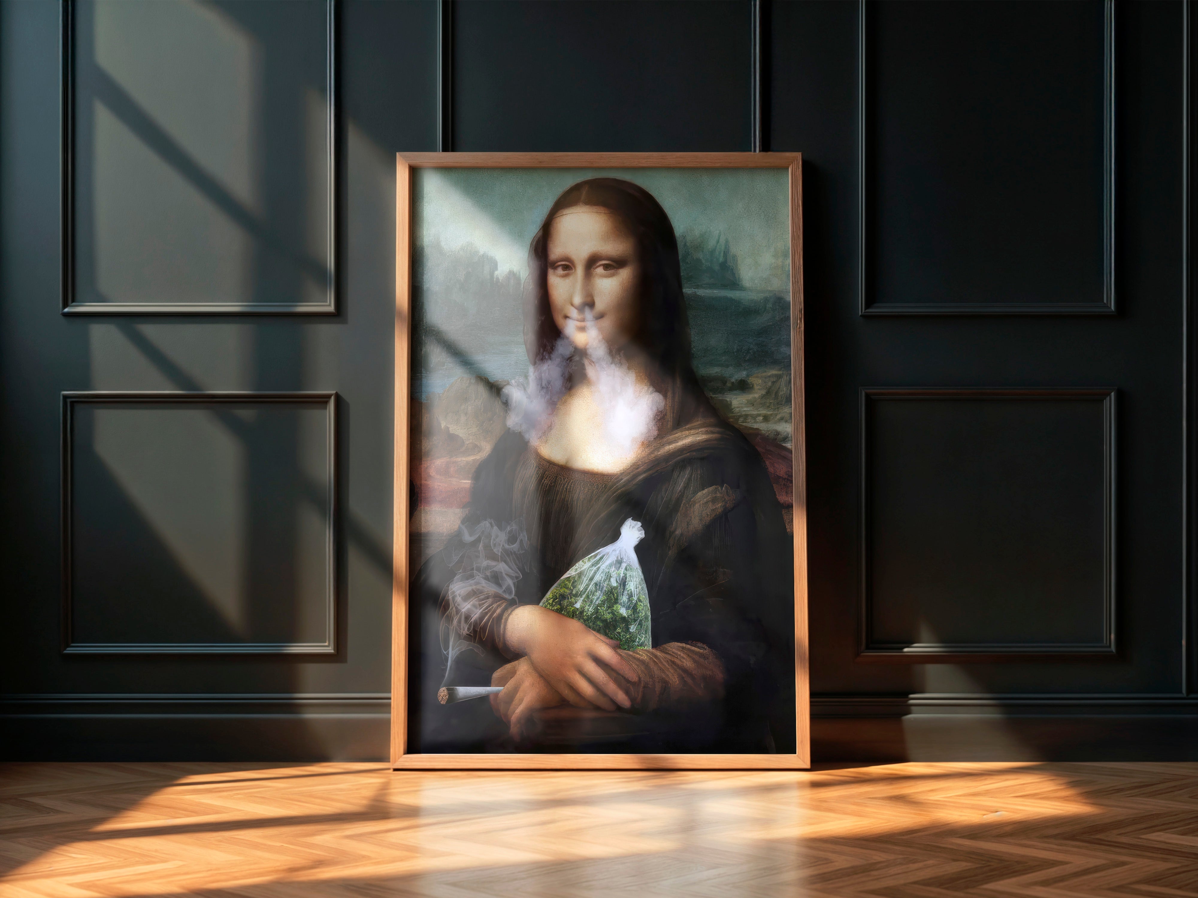 Framed artwork of a woman smoking a cigarette, inspired by famous art, against a dark paneled wall.