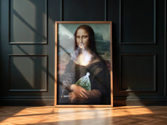 Framed artwork of a woman smoking a cigarette, inspired by famous art, against a dark paneled wall.