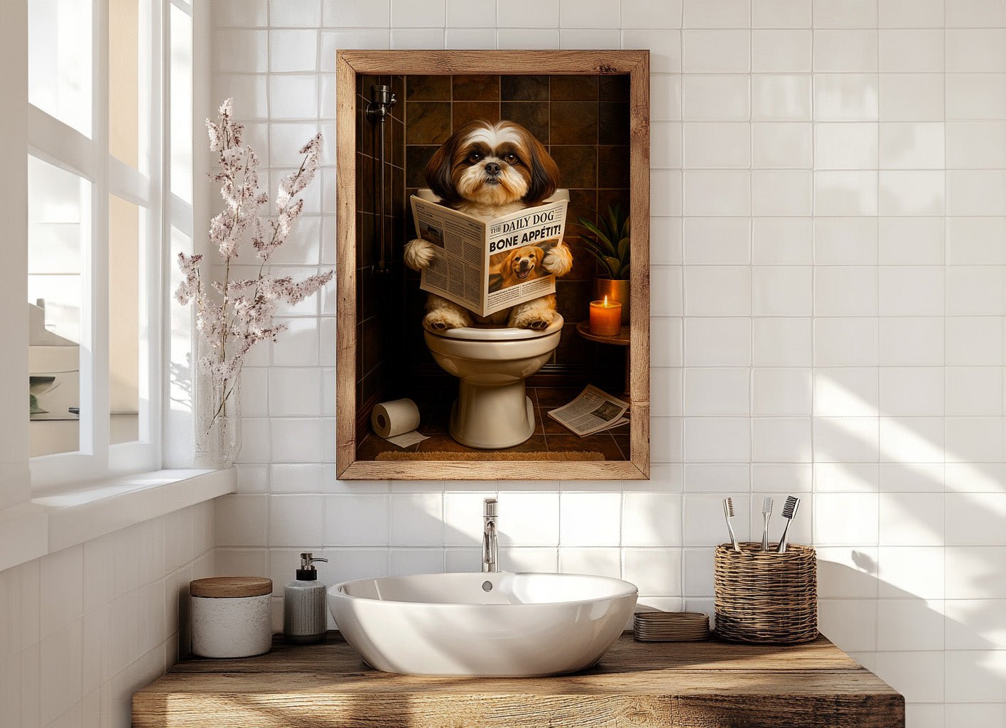 Bathroom with a framed picture of a dog on a toilet, sink, and window.