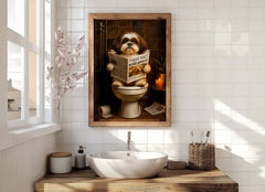 Bathroom with a framed picture of a dog on a toilet, sink, and window.