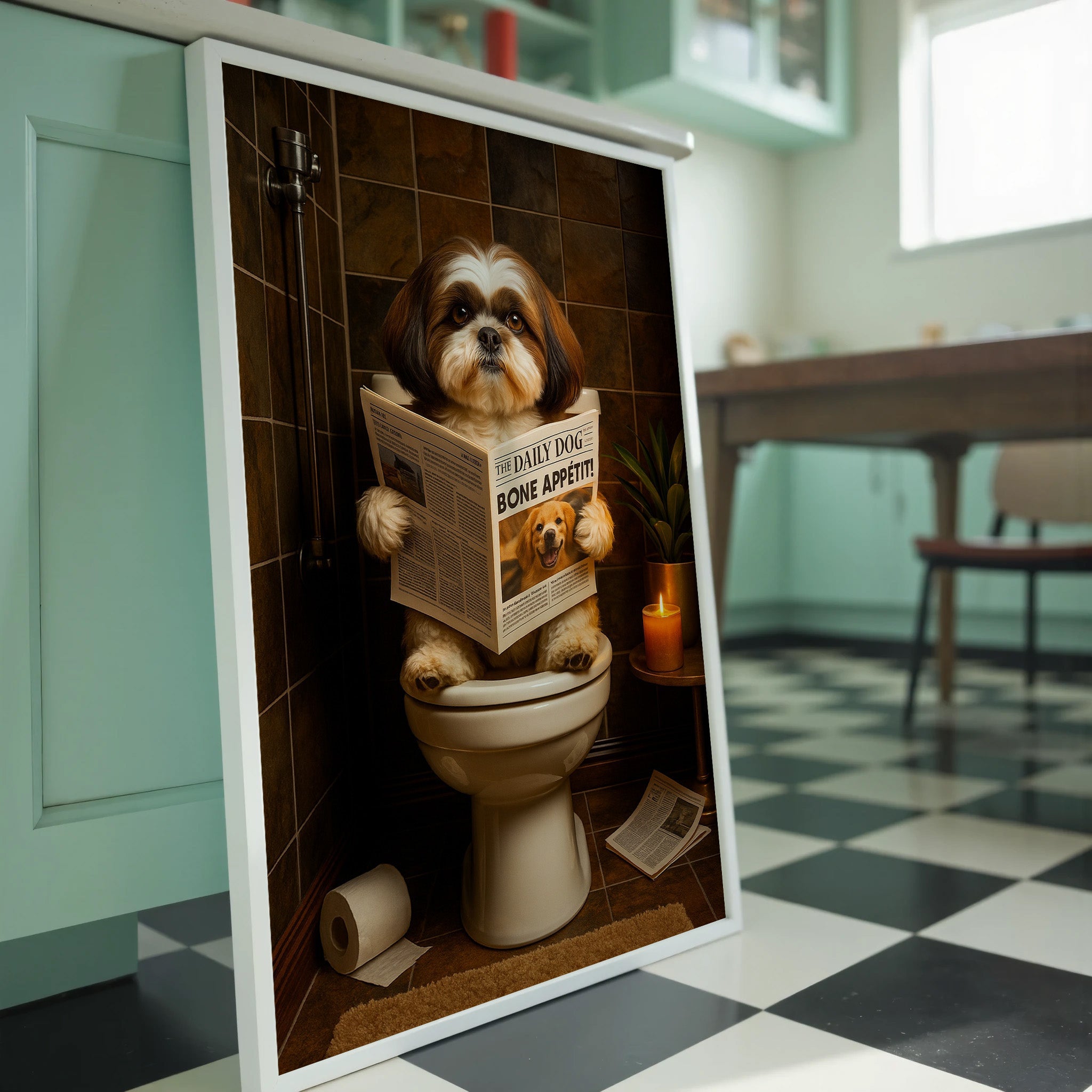 Framed picture of a dog on a toilet reading a newspaper in a bathroom setting.