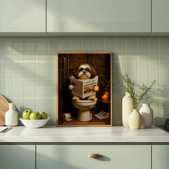 Kitchen with a framed picture of a dog on a toilet, green tiles, and decorative items.