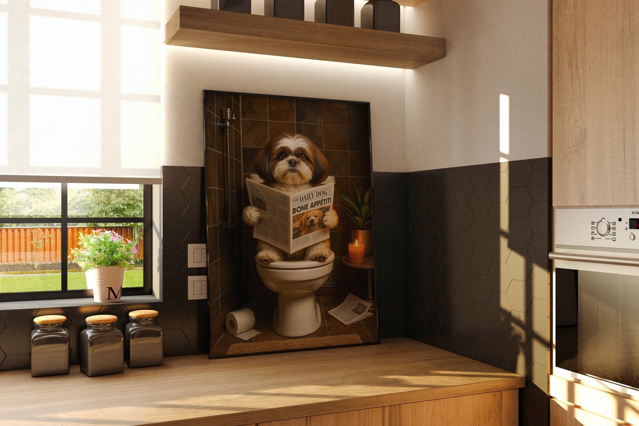 Kitchen interior with a humorous dog poster on the wall