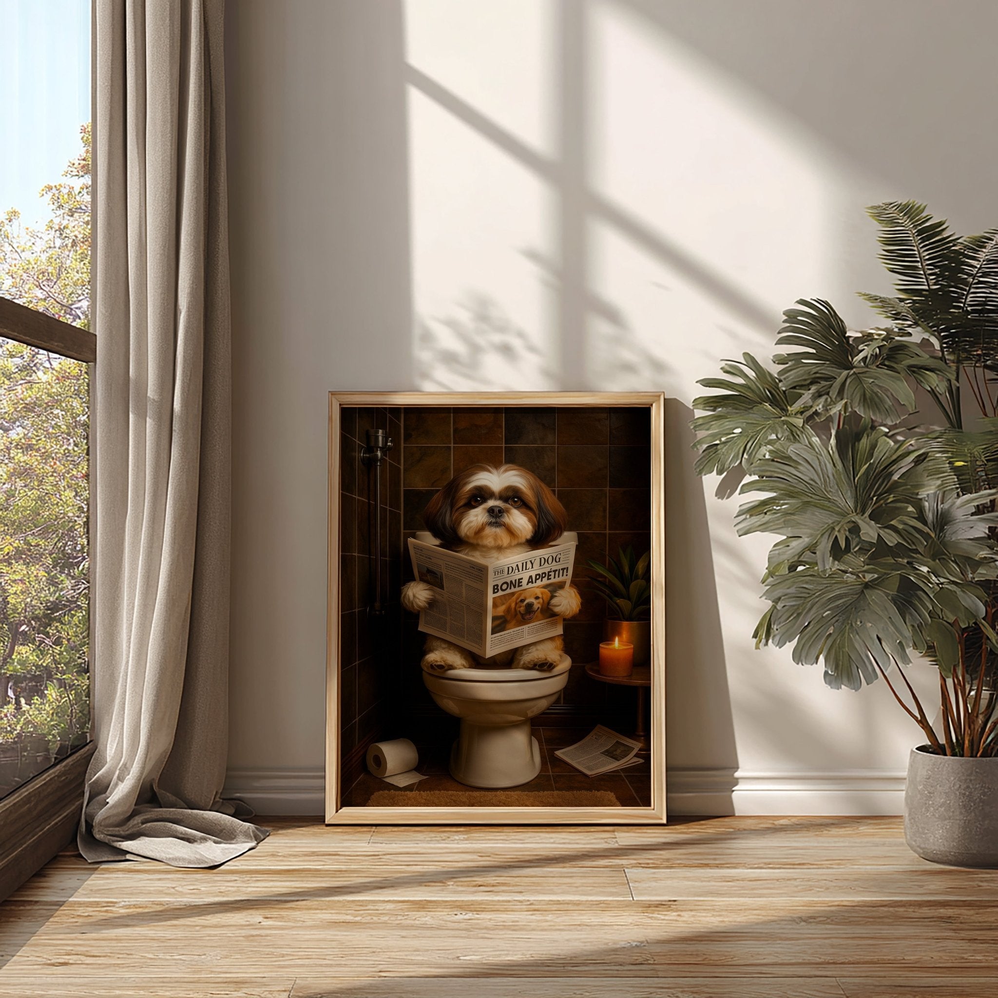 Framed artwork of a dog on a toilet in a room with sunlight streaming through a window.