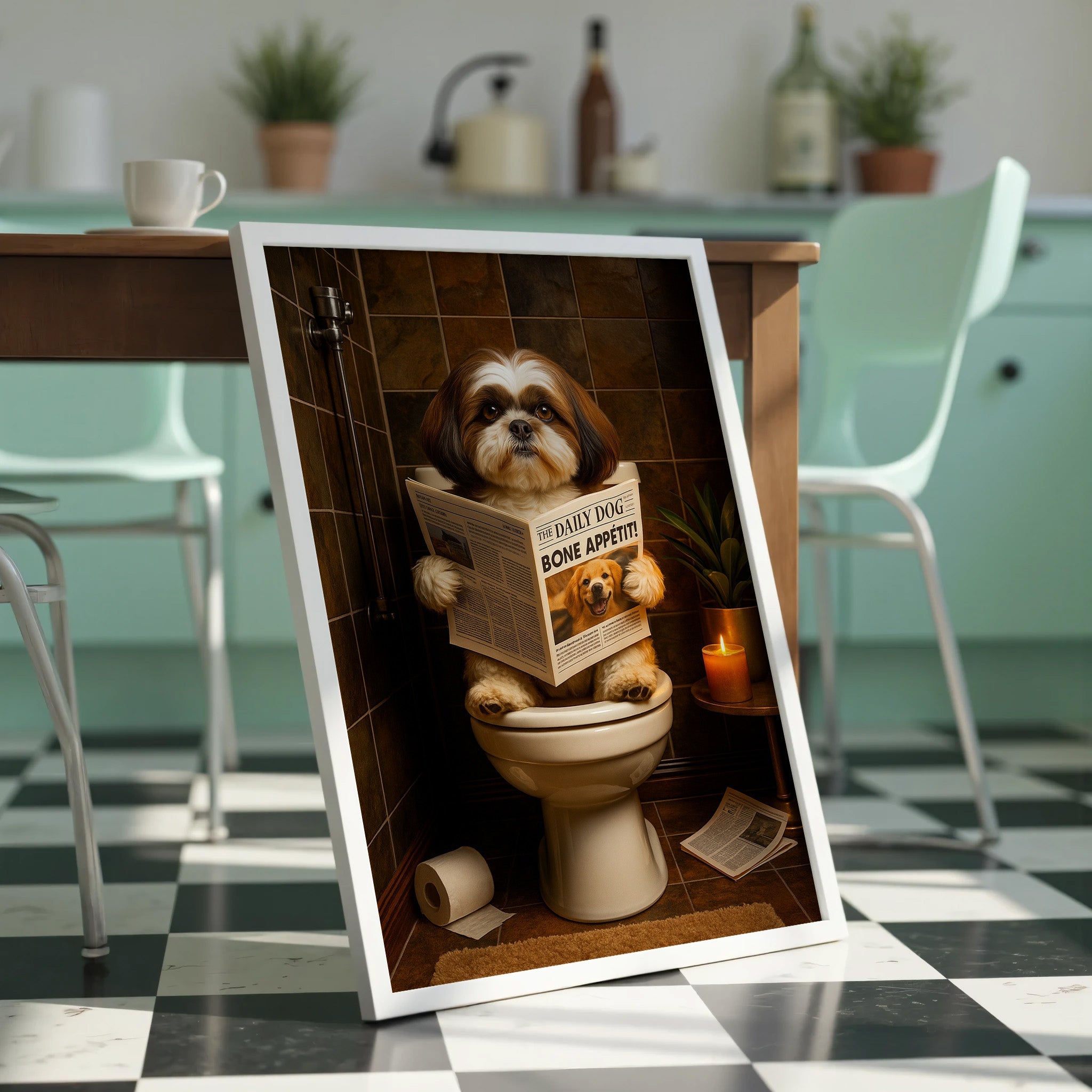 Framed picture of a dog on a toilet with a newspaper in a kitchen setting