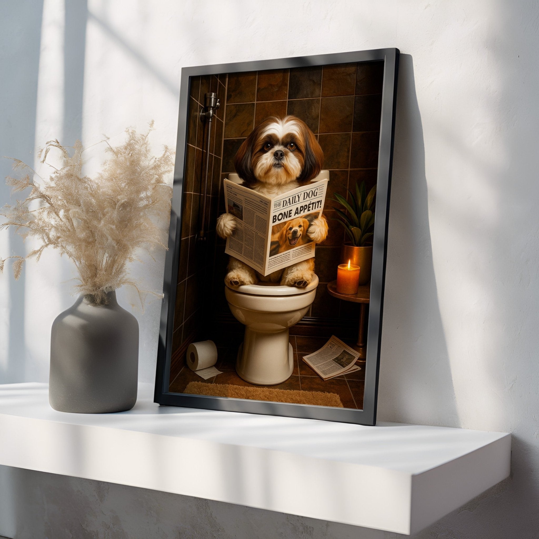 Framed artwork of a dog reading a newspaper on a toilet, displayed on a white shelf.