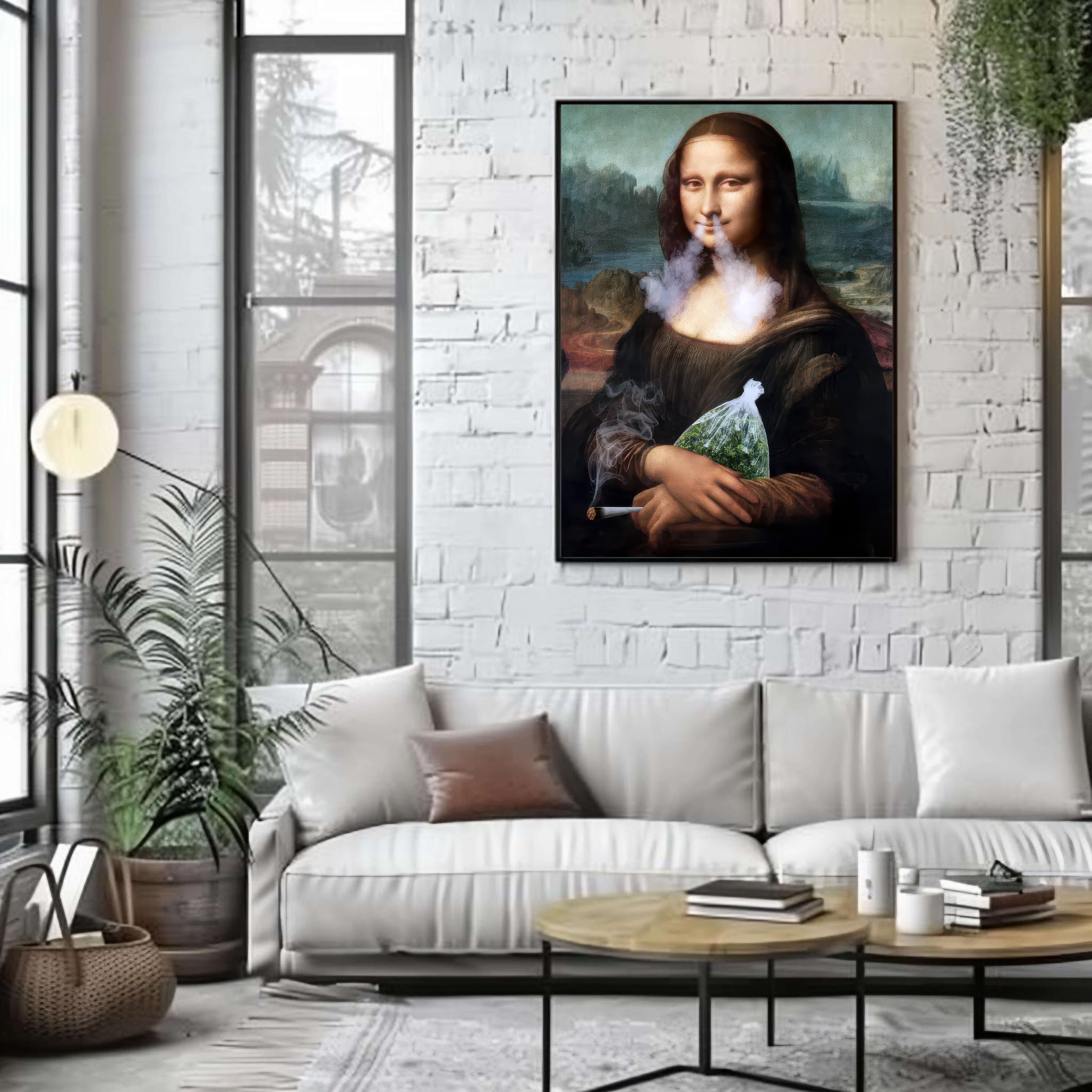 Living room with a white sofa, coffee table, and a framed painting of Mona Lisa holding a地球 on a white brick wall.